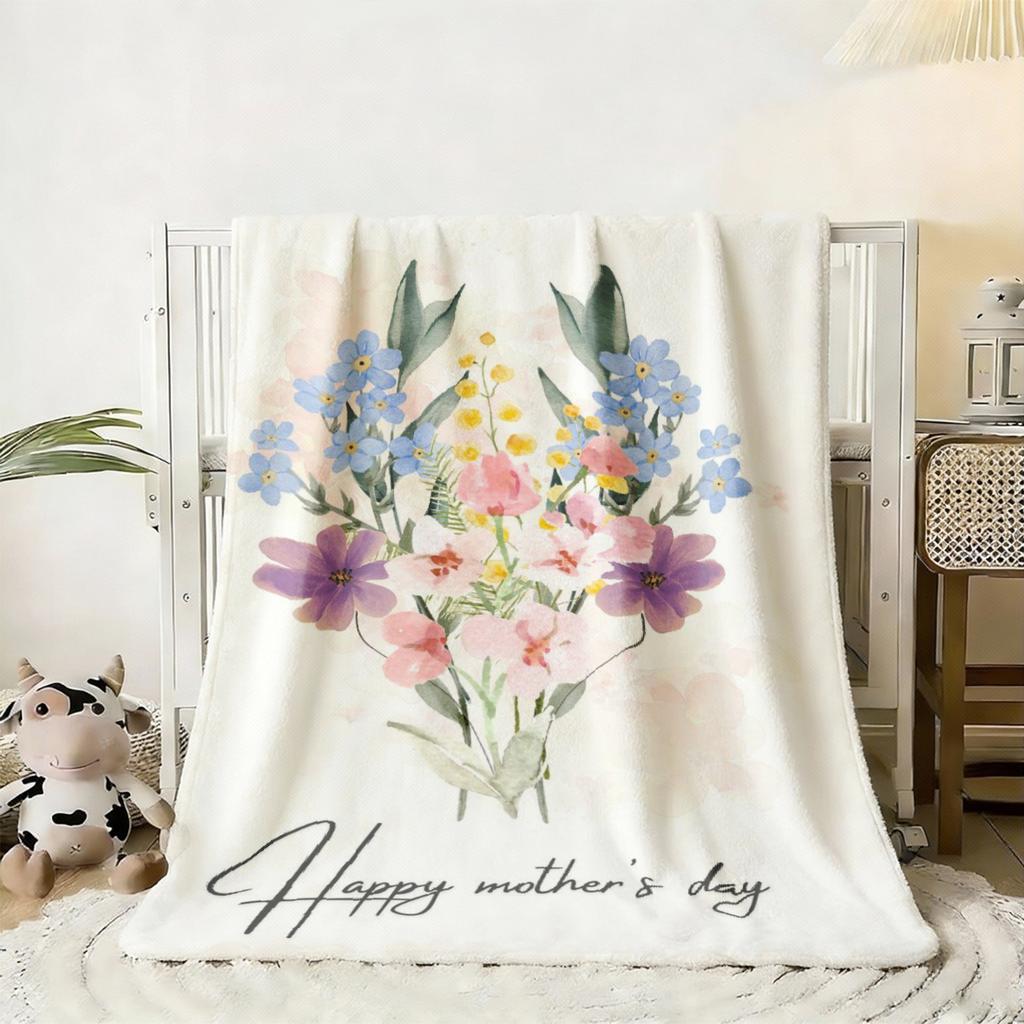 Watercolor Floral Heart Bouquet Throw Blanket, Happy Mother's Day Gift for Mom, Soft Flannel Present for Mother from Daughter