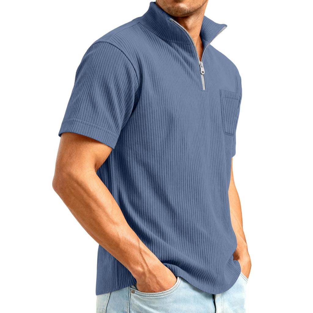 Men's 1/4 Zip Corduroy Short Sleeve Top | Loose Fit Fashion Casual Pullover For Daily Wear