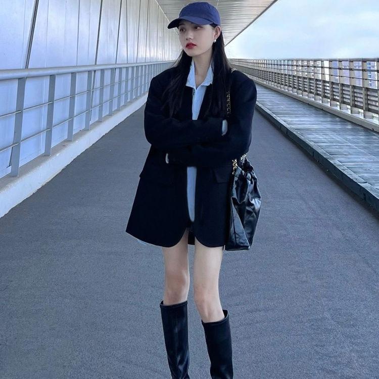 

Женский шикарный черный блейзер весна-осень повседневный свободного кроя приталенный корейский стиль маленький размер модная куртка S чёрный