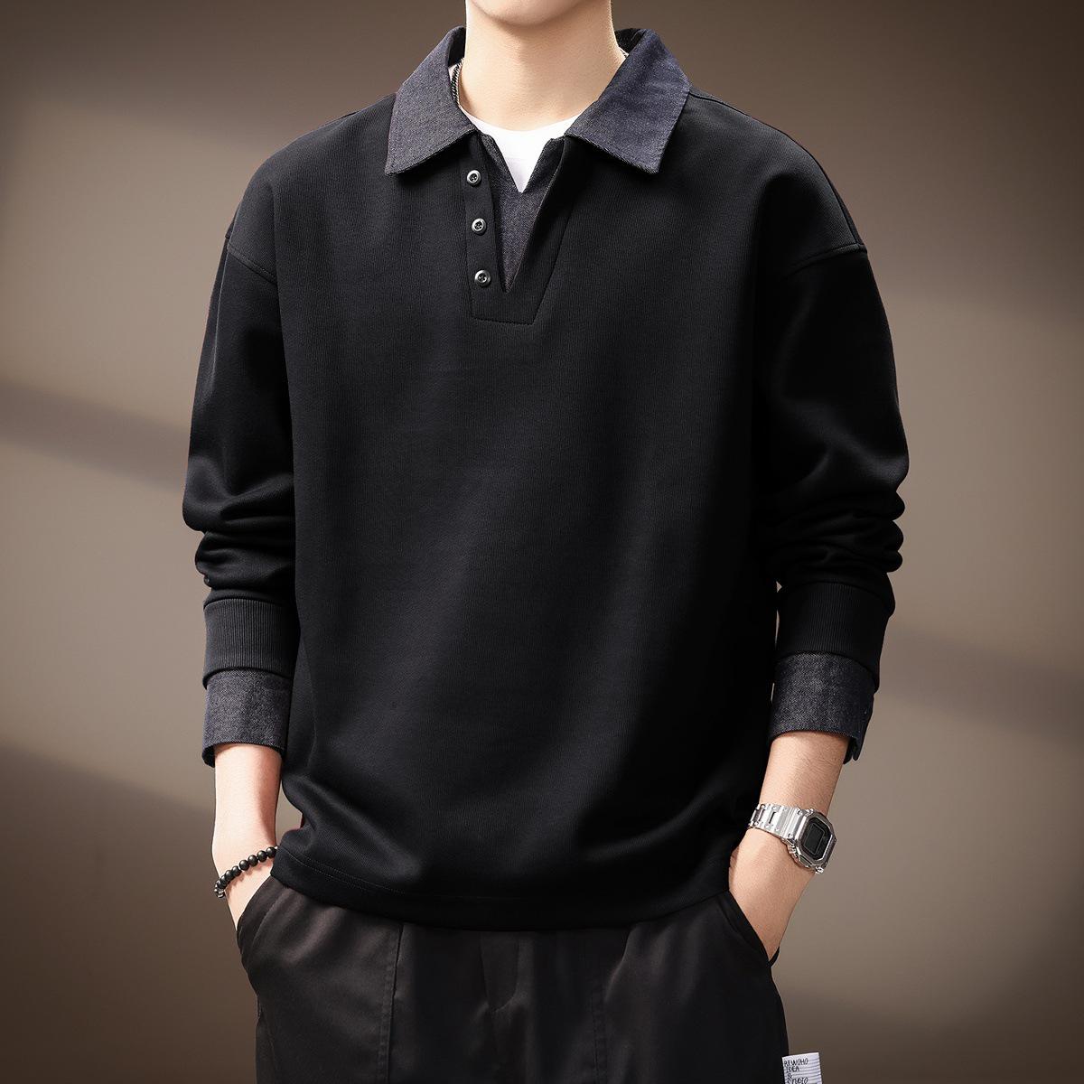 Men s Retro Color-Blocked Fleece-Lined Denim Polo Sweatshirt L (130-150 jin)