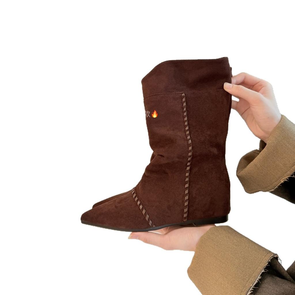 Martin boots women's 2025 autumn new wasteland lace pointed thick heel thin pile boots western cowboy short boots