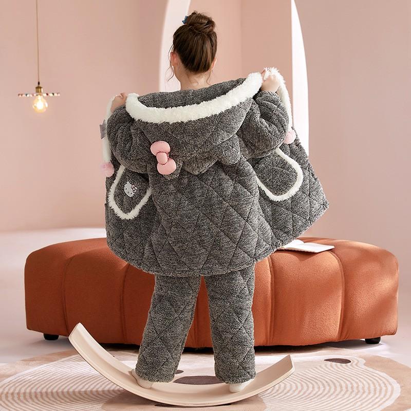 Girls Winter Warm Coral Fleece Pajama Set 3-Layer Quilted Sleepwear Cartoon Animal Print Kid Home Outfit