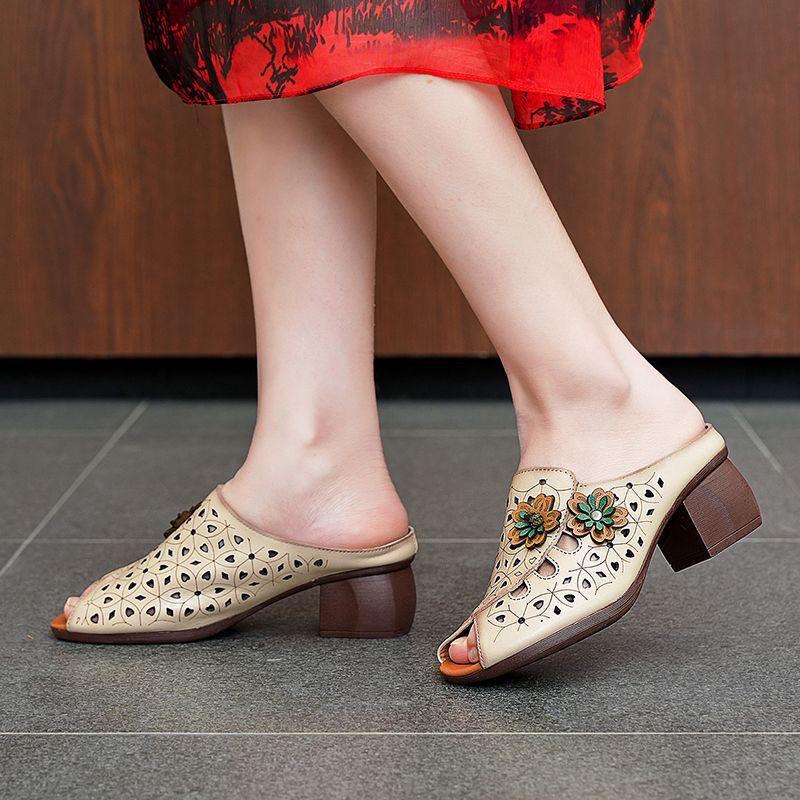 Women Flower Hollow Slippers Fish Mouth Comfortable Versatile Mid-heeled Women Sandals Women's Shoes