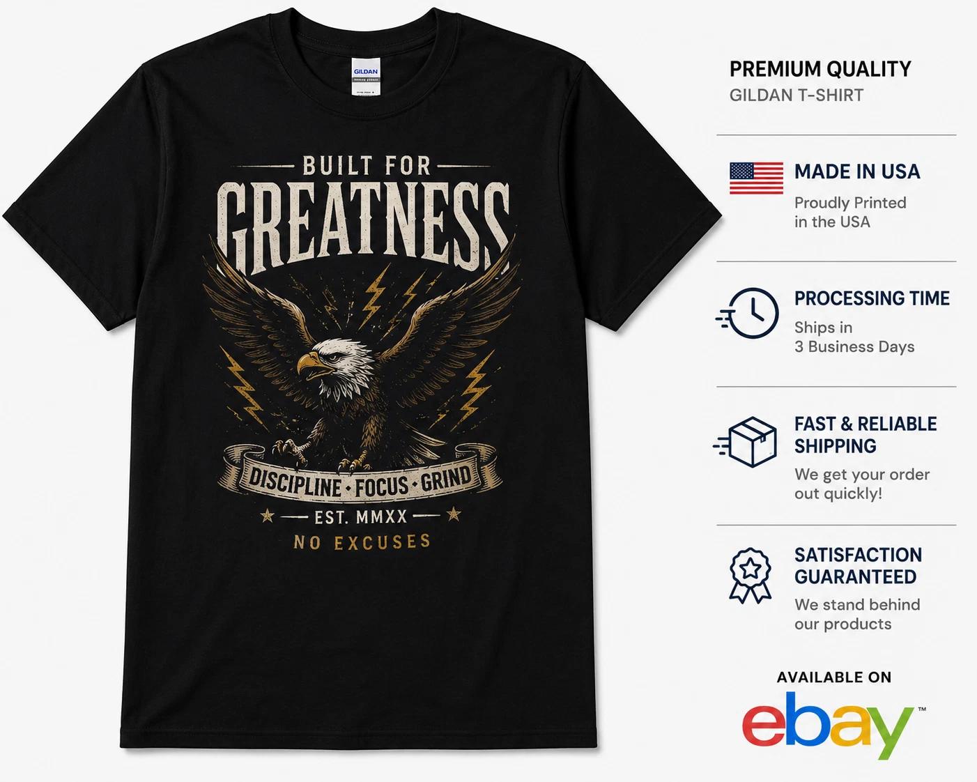 Built For Greatness Eagle Graphic T-Shirt Motivational Patriotic USA Tee XXL