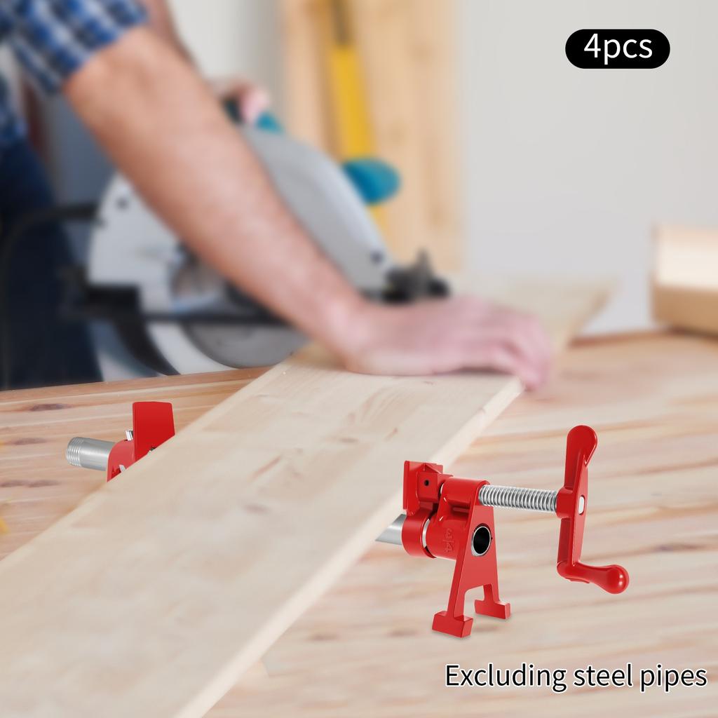4-Piece Wood Gluing Pipe Clamp Set – Heavy-Duty Cast Iron Bar Clamps for Woodworking – Red