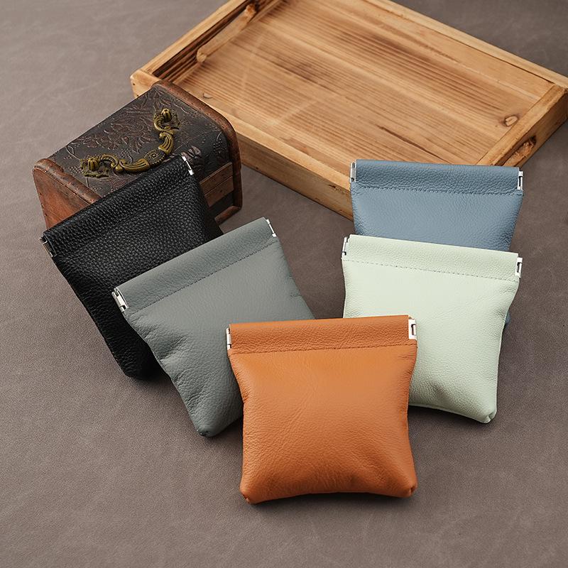 Genuine Leather Coin Purse with Alloy Spring Clip and Kiss Lock for Keys, Earphones, or Jewelry Storage