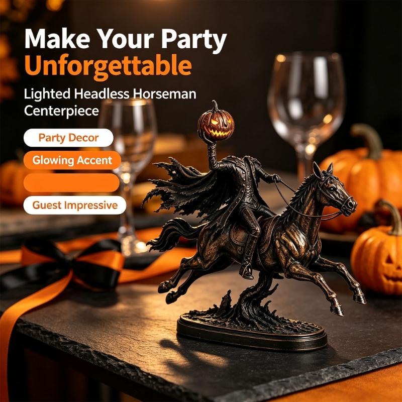 Saisonale Kopfloser Reiter Figur, Harz Tischdeko mit Kürbislicht Akzent für Kaminsims und Indoor Party Styling Innen
