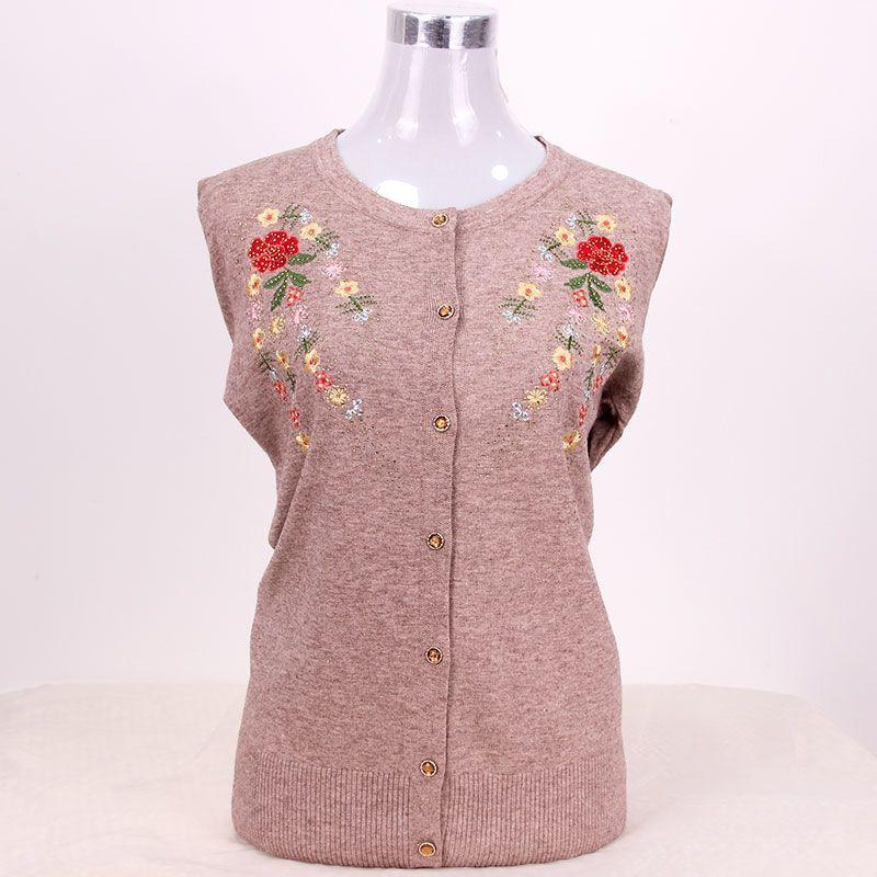 Women's Round Neck Embroidered Knit Cardigan Spring Autumn Rhinestone Loose-Fit Cardigan Sweater