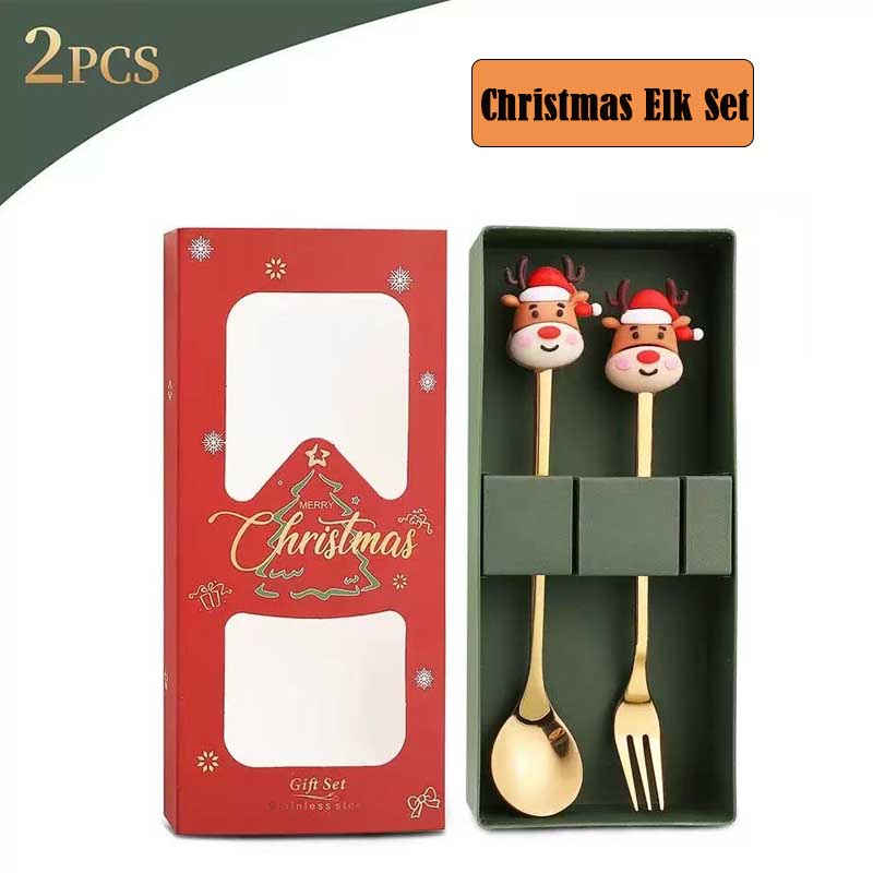 2PCS Stainless Steel Coffee Spoon Christmas Dessert Spoon Cake Fork Cartoon Christmas Tree Elk Spoon Fork Christmas Gift Box