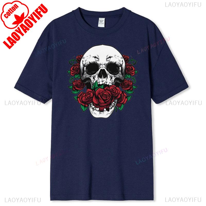 Skull and Red Roses Skeleton Gothic Hipster Novelty ShortSleeve Unisex TShirt Skeleton and Flower Pattern Cotton Casual Shirt