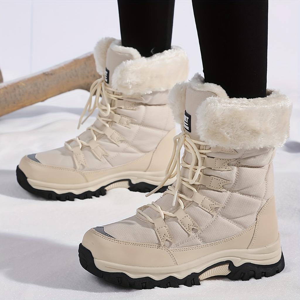 Women's Light-Colored Mid-Calf Winter Boots, Warm Fleece Lining, Plush Cuff Design, Fashion Footwear