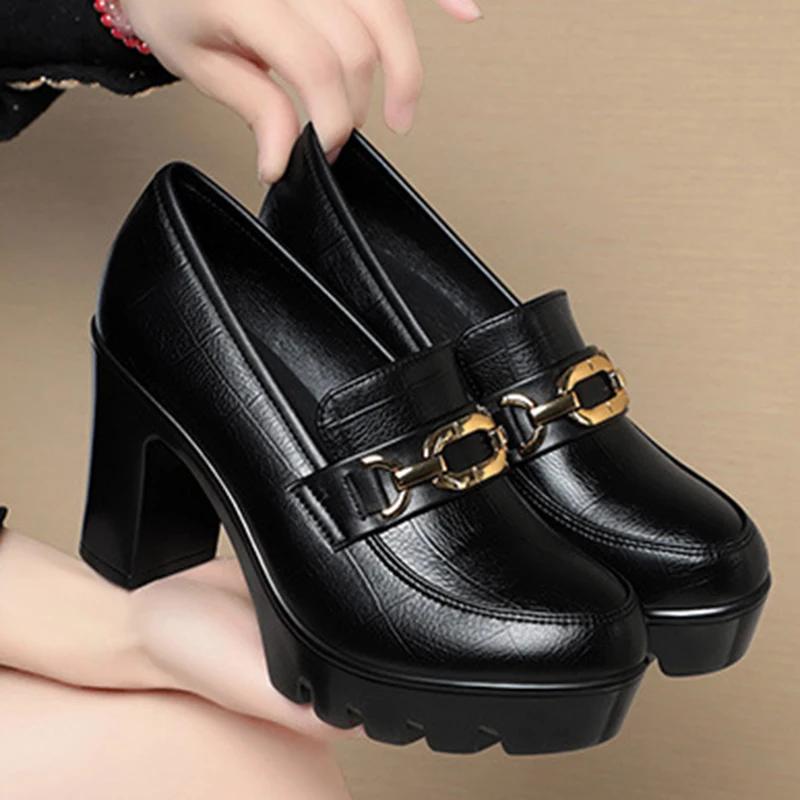 Soft Leather Black Shoe Woman Block Pumps 2025 Thick Bottom Platform Shoes Model Office Work 6.5 Cm 8 Cm High Heels Grace