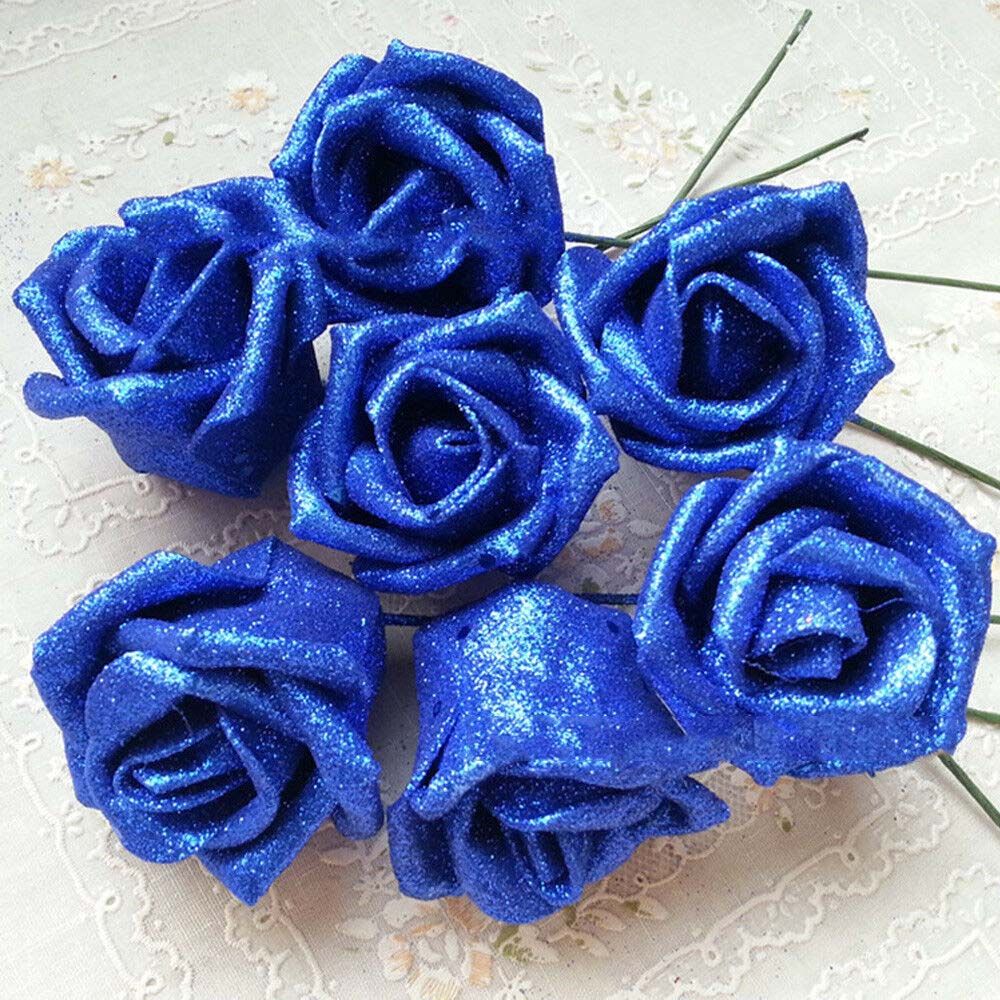 6cm Wedding Party Decor Blue Roses with Glitter Powder Foam Roses Artificial Roses Artificial Flowers Decoration