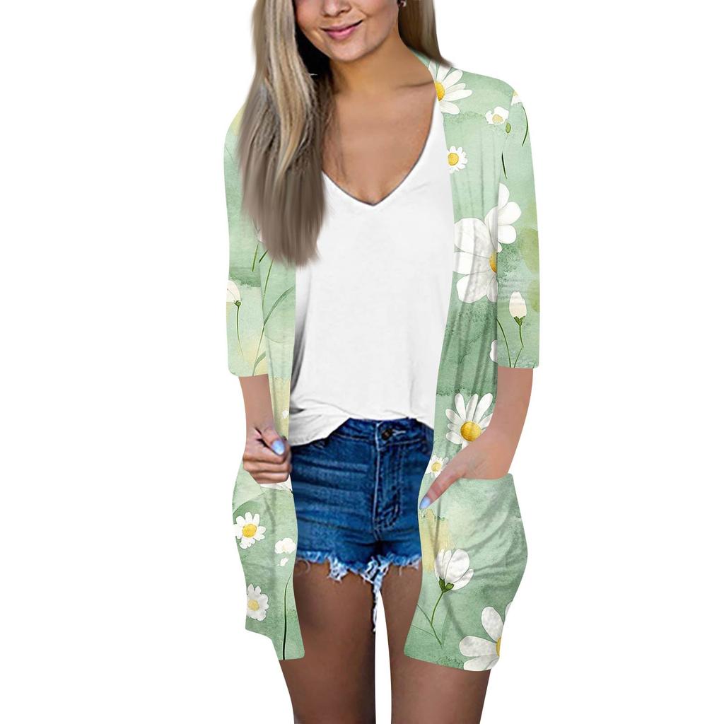 Women's Fashion Loose Casual Pocket Printed Cardigan Seven Sleeve Jacket Top