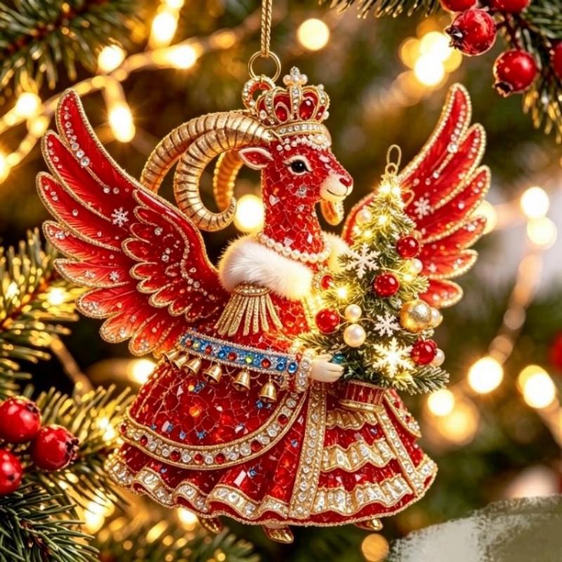 2D Flat Acrylic Hanging Ornament Red Gold Winged Goat Acrylic Pendant Christmas Tree Decoration Lunar New Year Holiday Gift