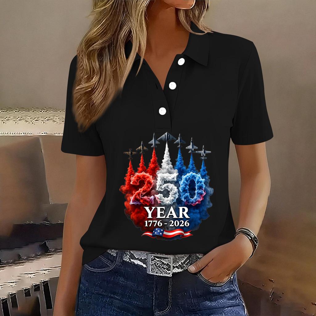Women's Casual Button Front Short Sleeve Polo Shirt 250th Anniversary Patriotic Print Independence Day T-Shirt Top for Summer