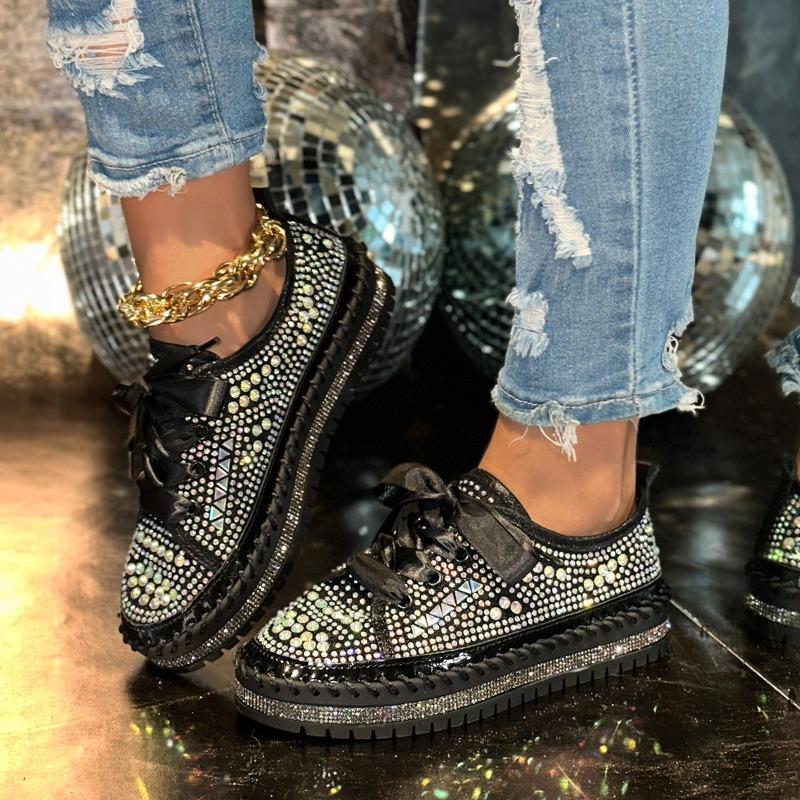 

2025 Новые Роскошные Кристаллы шелковая лента Пайеточные Туфли на плоской подошве с платформой Легкие и удобные Лоферы Женская Модная Обувь 42 чёрный