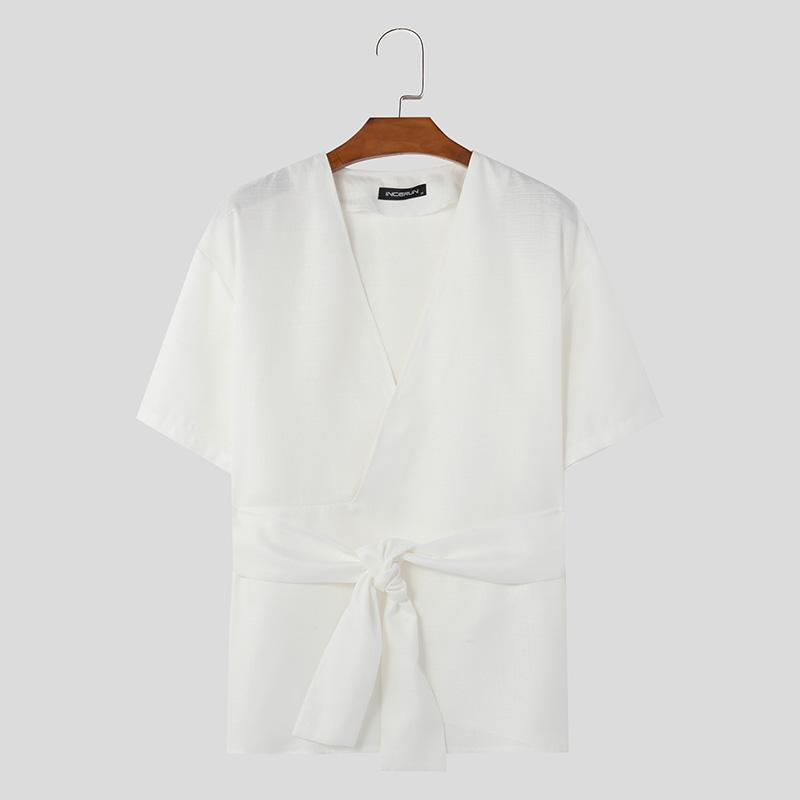 INCERUN Men Solid Color Short Sleeve Tops Open Front V Neck Bandage Shirts