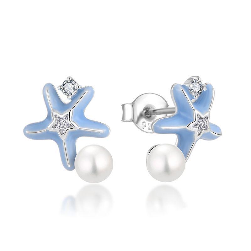 S925 Sterling Silver Starfish Freshwater Pearl Earrings - Exquisite Vacation Style Studs for Women 925 Silver