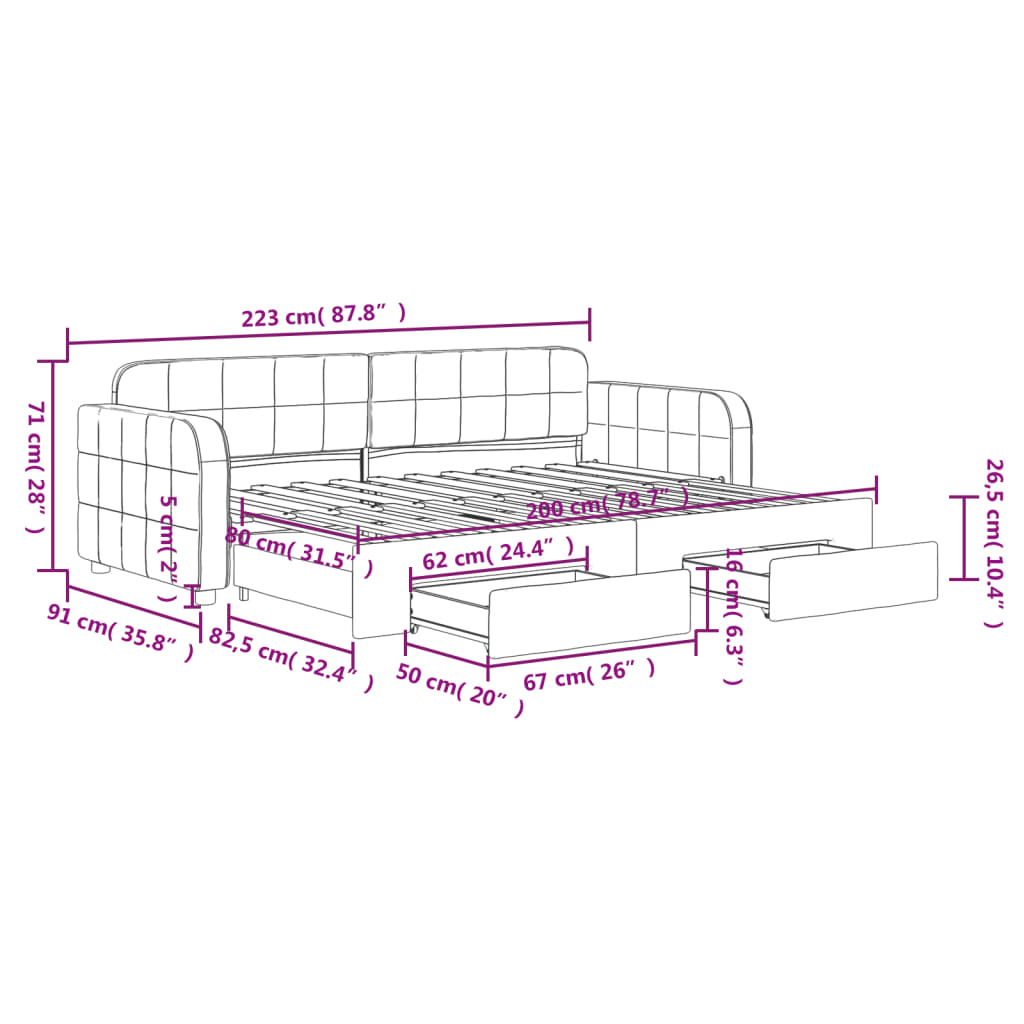Pull Out Daybed with Drawers Light Grey 80 X 200 Cm Velvet