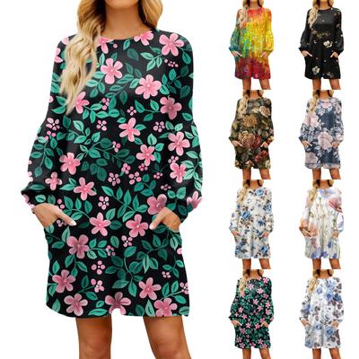 Modisches langärmliges A-Linien-Kleid für Damen, Herbst, lässiger Pullover, Rundhalsausschnitt, lockere Passform, mit Taschen