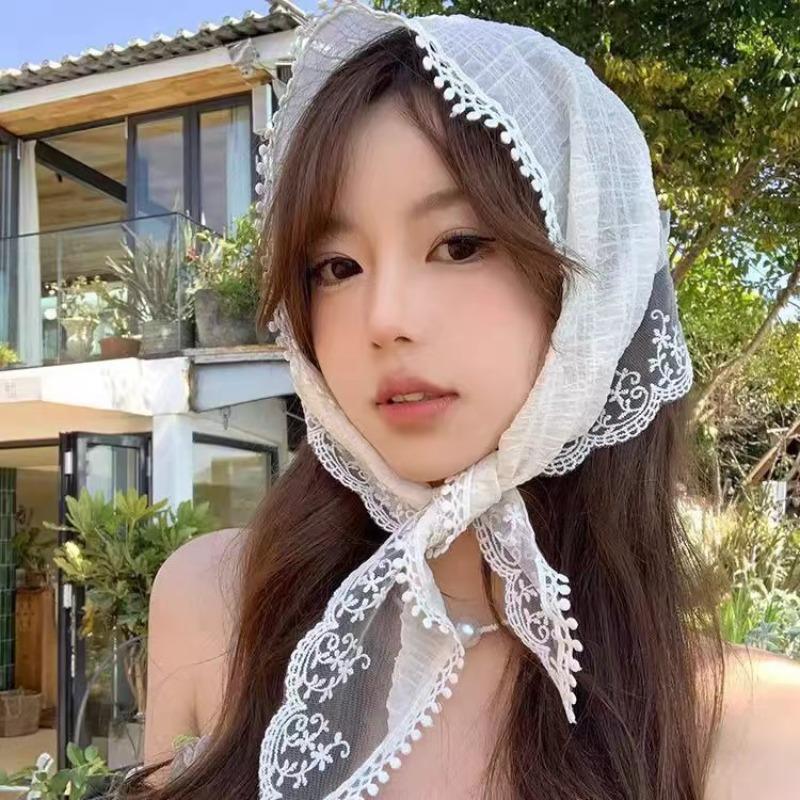 Ins Sweet Lace Hair Scarf Women Retro Triangle Hair Band Strap Hair-Bag Headscarf Hat Travel Photo Headband Turban Accessories