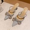 European and American Black Bow Rhinestone High Heels Slippers Pointed Head Bag Head One Pedal Sandals Fashion Wear European and American Style