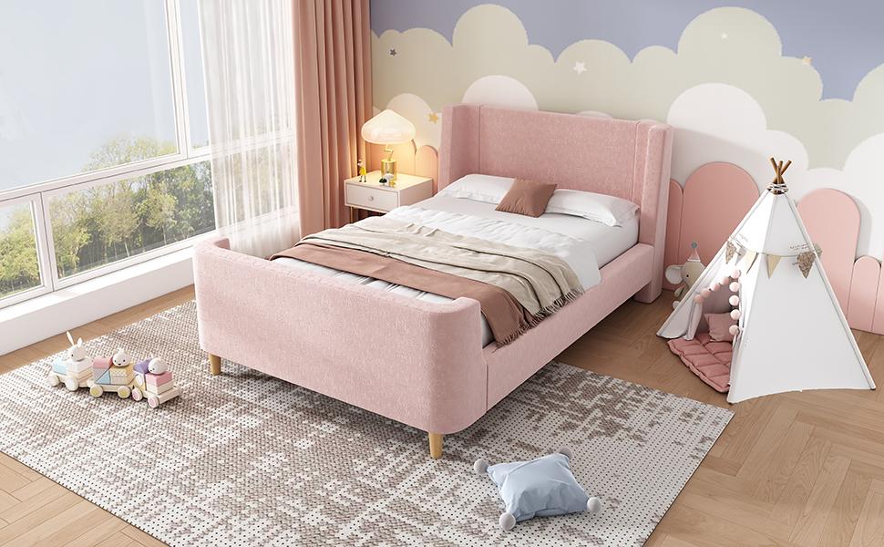 Children's Bed Upholstered Bed, Single Bed Sleigh Bed with Cosmic Pattern, 90 x 200 cm, For Boys & Girls, Pink, Velvet (Without Mattress)