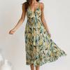 Elegantes, hoch tailliertes, bedrucktes langes Kleid für den Urlaub, sexy V-Ausschnitt-Leibchen, Damenkleid, lässig, ärmellos, Verband, Vestidos 26028