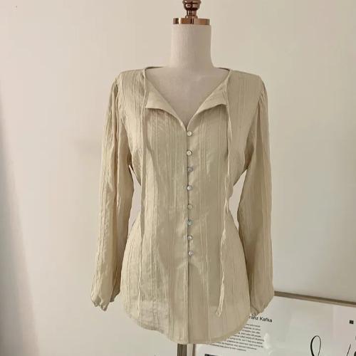 Korean Series Chic Chic Top Women Autumn French Sle Gentle Sweet Temperament Lapel Lace-up Waist Hugging Slimming Long Sleeve