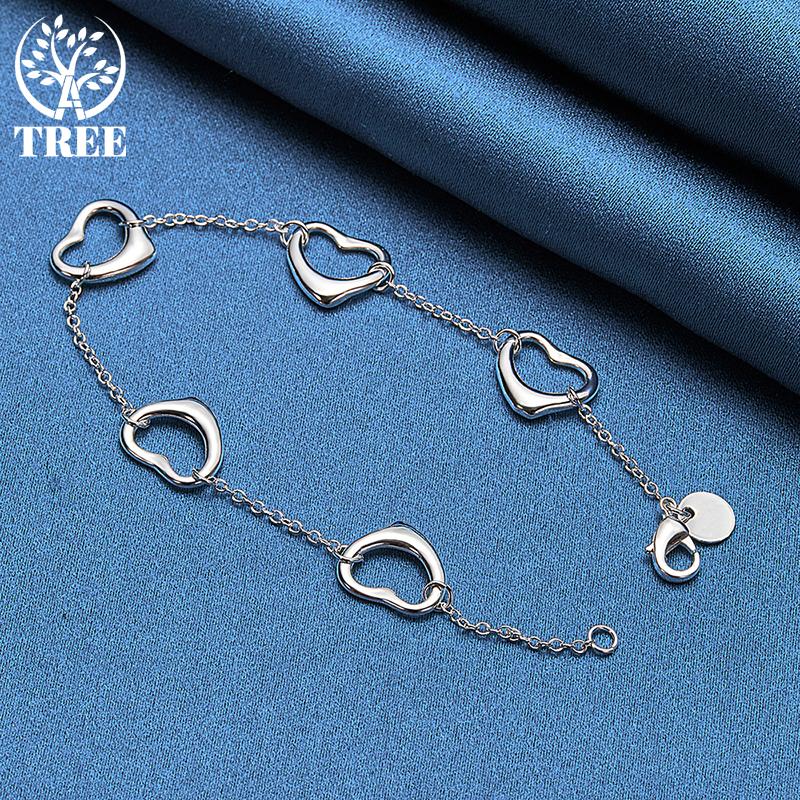 925 Sterling Silver Five Heart Chain Bracelet Jewelry