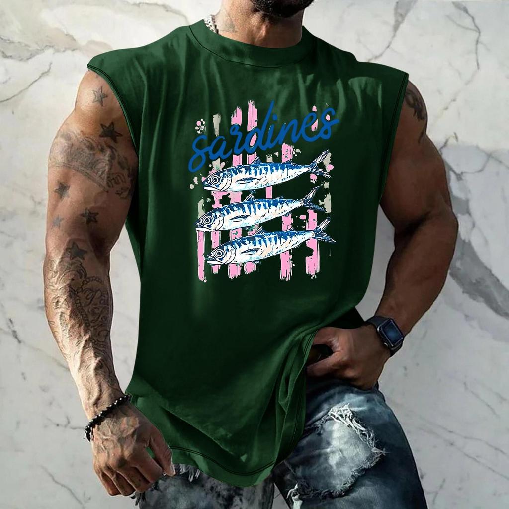 Pánské tílko s vtipným potiskem a retro texturou, volný střih, prodyšné, na letní sporty a streetwear, ležérní pro každodenní nošení