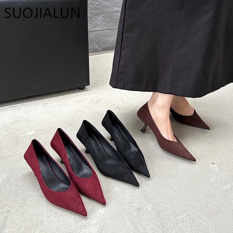 Fashion SUOJIALUN 2024 Autumn Pointed Toe Women Sexy Shallow Slip On Pumps Shoes Fashion Thin High Heel Ladies Elegant Dress Boat Shoes
