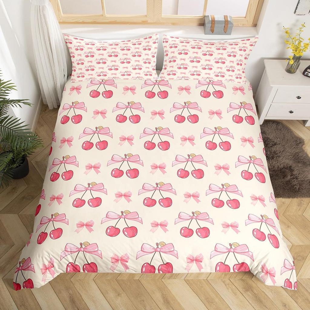 Red Cherry Printed Bedding Set Cartoon Tropical Fruit Duvet Set Three-Piece Set