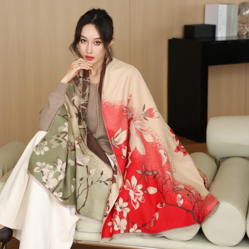 Gradual change flower imitation cashmere scarf women's high sense double-sided jacquard shawl retro scarf