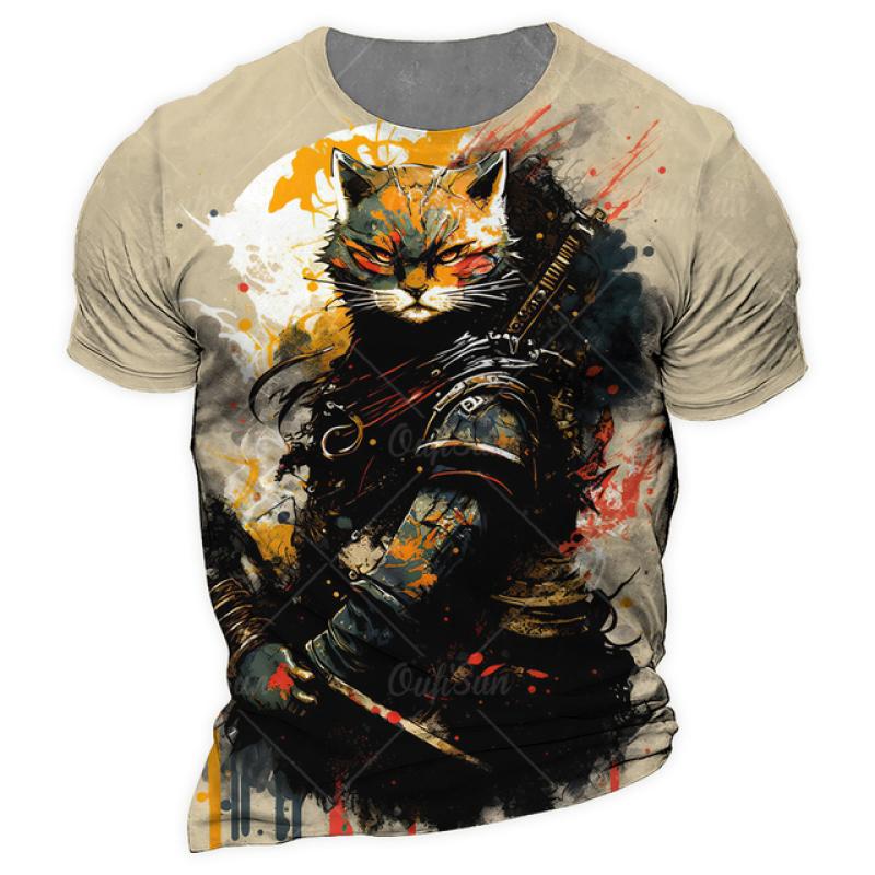 Samurai Cat O-Neck Men's Shirts Summer Male 3d Print Short Sleeve T Shirts Oversized Man Casual Top Tees Daily Animal Clothing