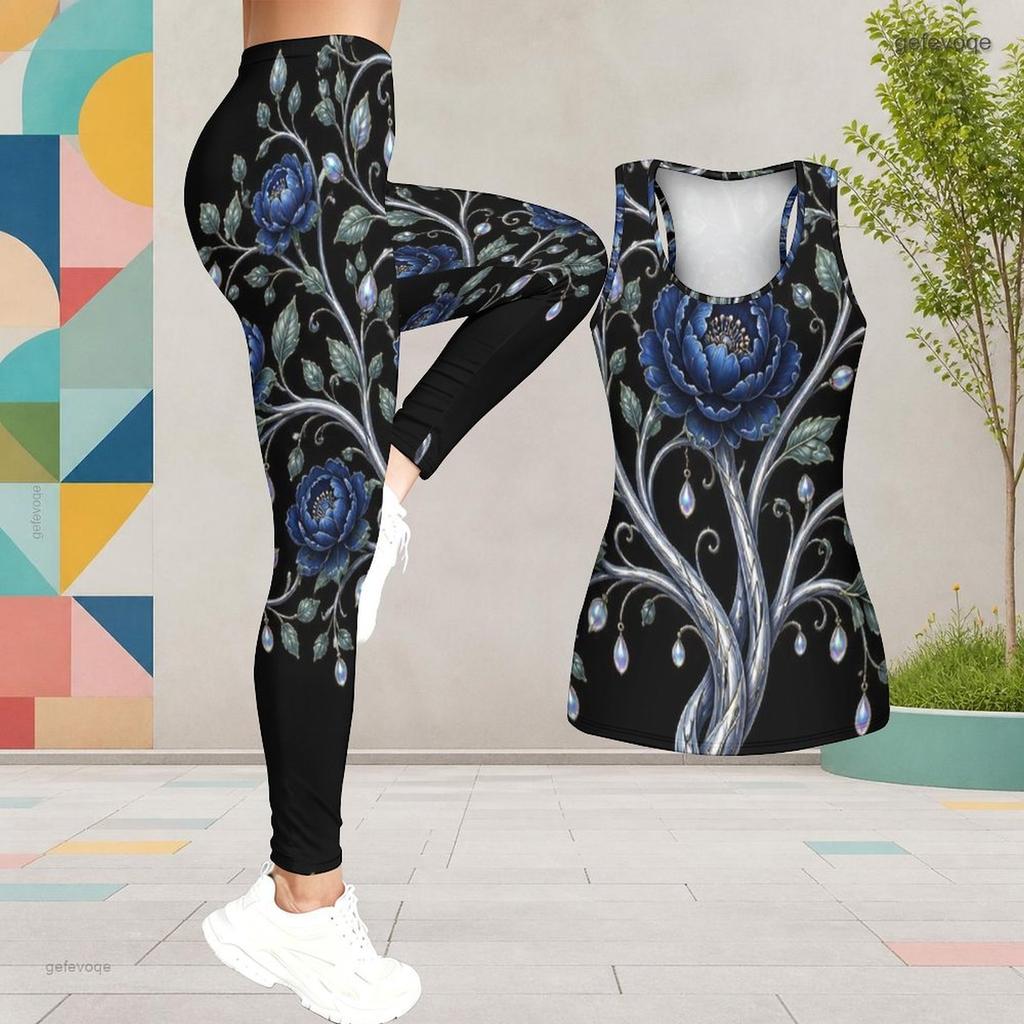 Women Plus Size Two Piece Set Scoop Neck Sleeveless Printed Tank Top Fitted Black Gold Leggings