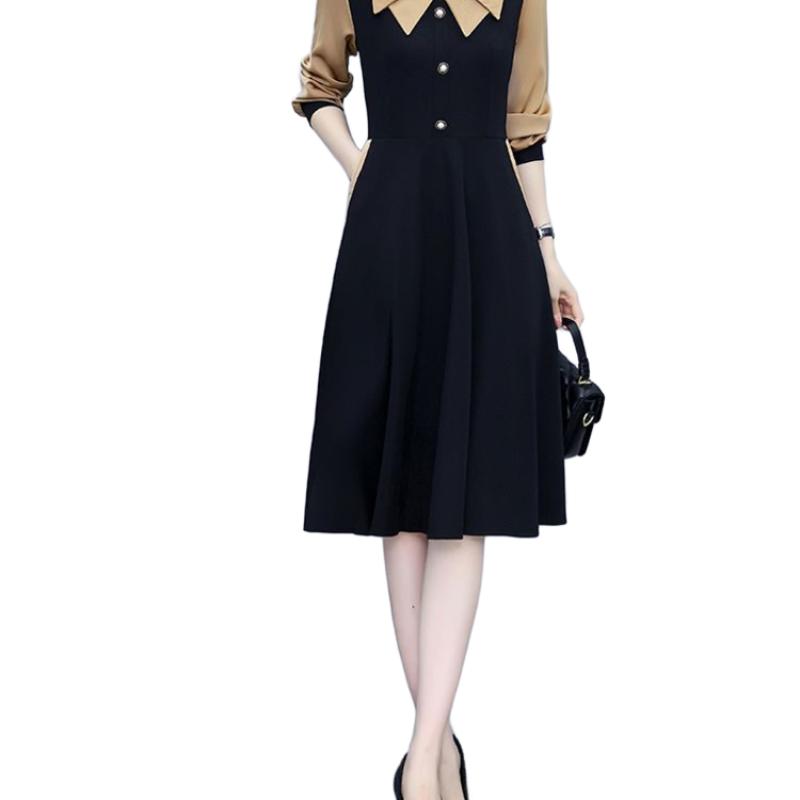 Women's Korean-Style Casual Slimming Elegant A-Line Dress Zipper Patchwork Button Fake Two-Piece Long-Sleeve Dress