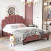 Letto Matrimoniale Imbottito 140 x 200 cm, Struttura Letto con Testiera a Forma di Fiore e Rete a Doghe, Adulto-Ragazzo, Velluto Amico della Pelle, Letto per Ospiti, Rosso Fagiolo