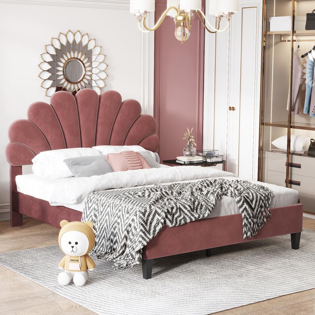 Letto Matrimoniale Imbottito 140 x 200 cm, Struttura Letto con Testiera a Forma di Fiore e Rete a Doghe, Adulto-Ragazzo, Velluto Amico della Pelle, Letto per Ospiti, Rosso Fagiolo