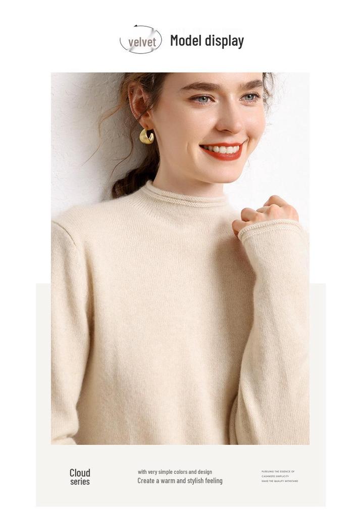 Women’s Cashmere Half-High Roll-Neck Sweater: Thick, Loose, Long Sleeve Pullover for Autumn/Winter.