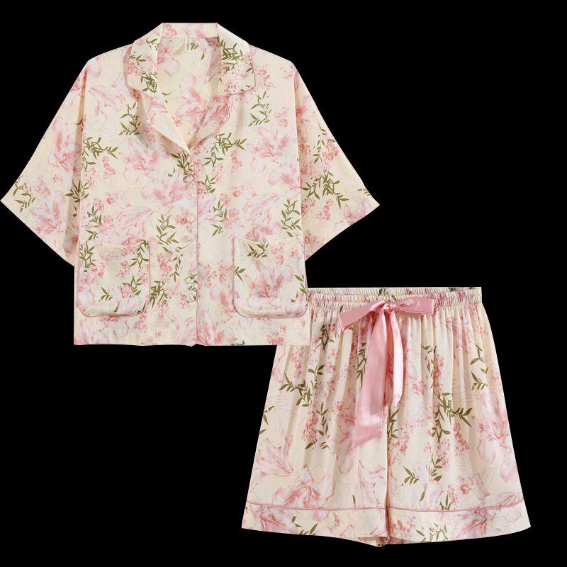 

SILKY Summer Satin Floral Print Mid-Length Sleeves Suit Women s Pajamas Light pink (short-sleeved shorts) XL