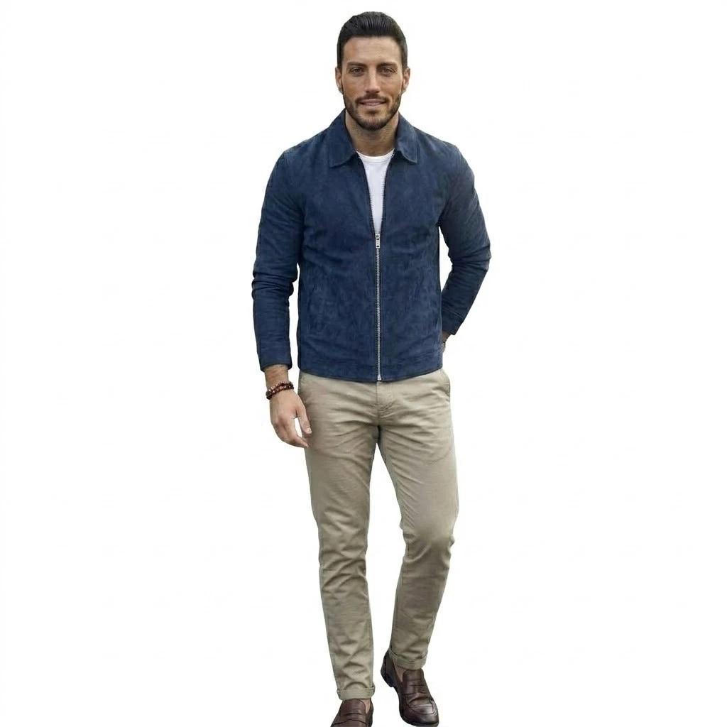 Men’s Stylish Navy Blue Suede Real Lambskin Leather Motorcycle Jacket Biker Fit S темно-синий