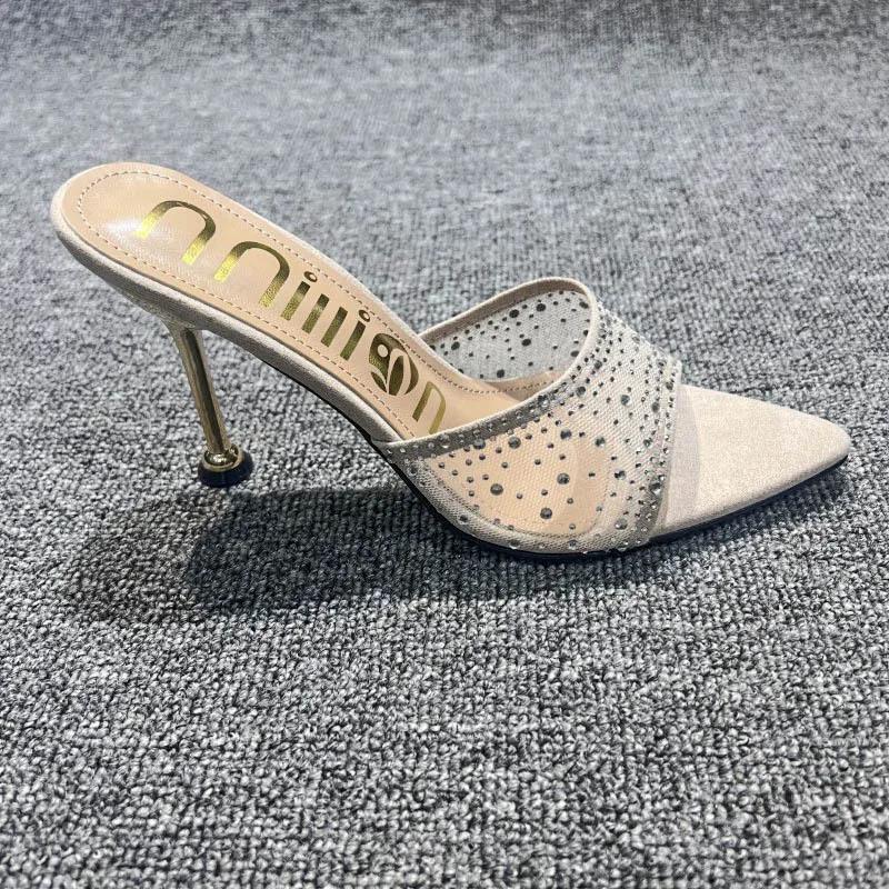 

Летние женские тапочки, сексуальные, с острым носком, со стразами, сетка, женские туфли на высоком каблуке, женские туфли для вечеринки, свадьбы, невесты 42