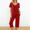 2 unids/set de pijamas con cuello en V, Color de contraste, manga corta, ropa de casa holgada, pantalones cortos con cintura elástica, ropa de noche de verano