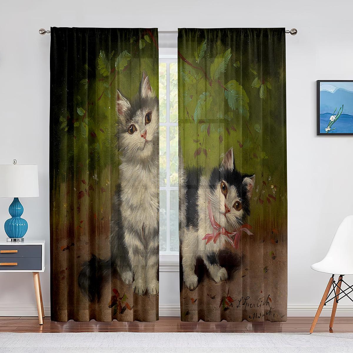 Милый кот акварельная живопись искусство цветочные прозрачные вуали шторы для спальни — фото 8