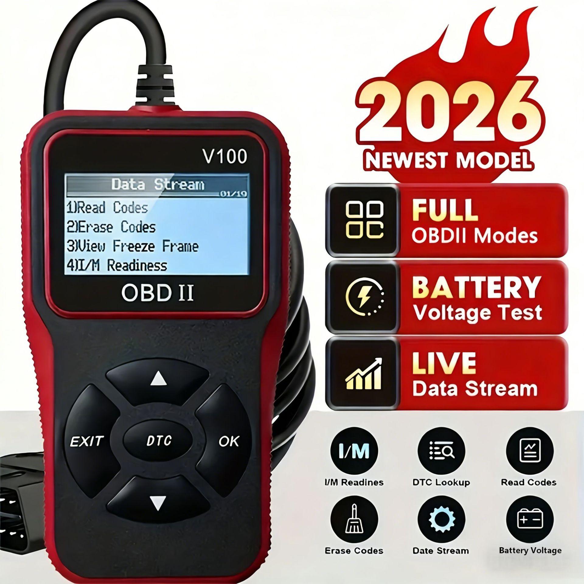 

1 шт. V100 Професійний OBD2 сканер, Зчитувач кодів несправностей двигуна, Діагностичний інструмент сканування для автомобілів з протоколом OBD II з 1996 року diagnostic tool червоний