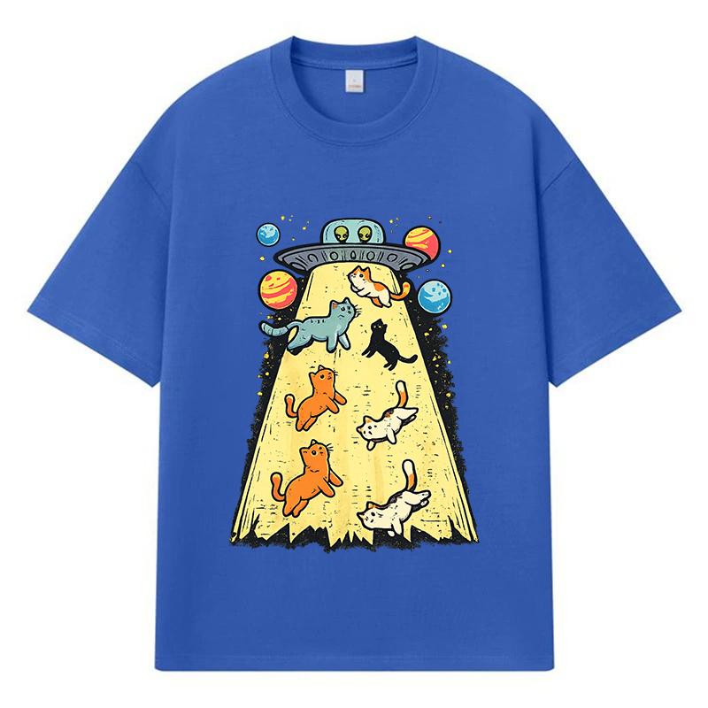 2026 Cats Abducted By UFO Printed Graphic Y2k Harajuku 100% Cotton T Shirt Casual Oversized Summer Men T-shirt