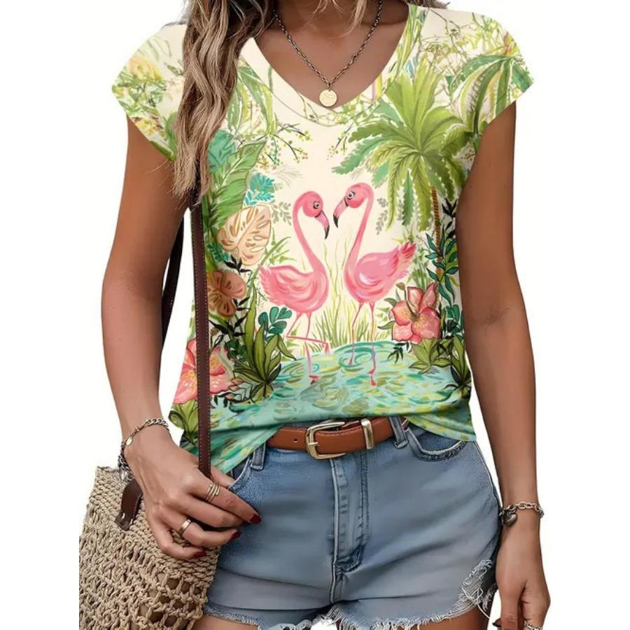 Camiseta vintage para mujer con estampado floral, manga corta, cuello en V, tops cómodos