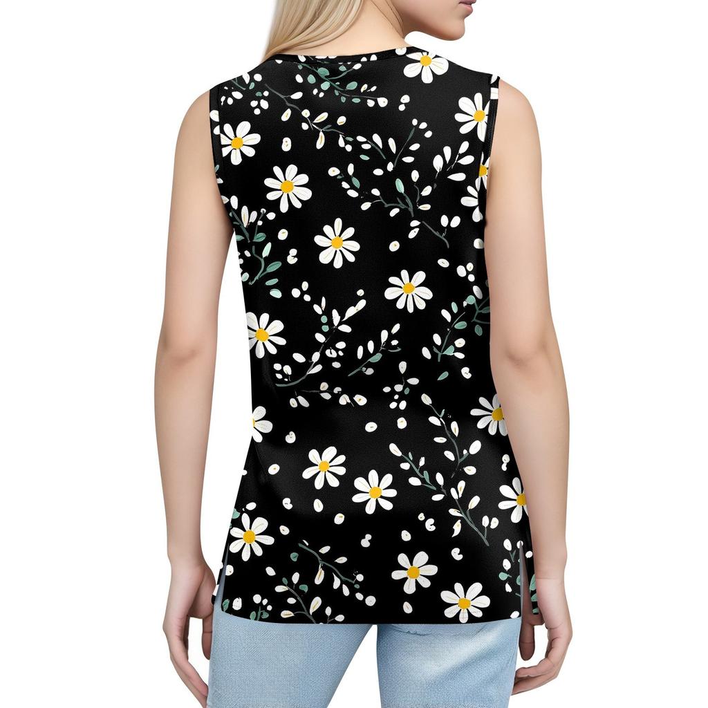 Maiou de damă cu imprimeu, cu nasturi, cu gât în V, fără mâneci, larg, top la modă